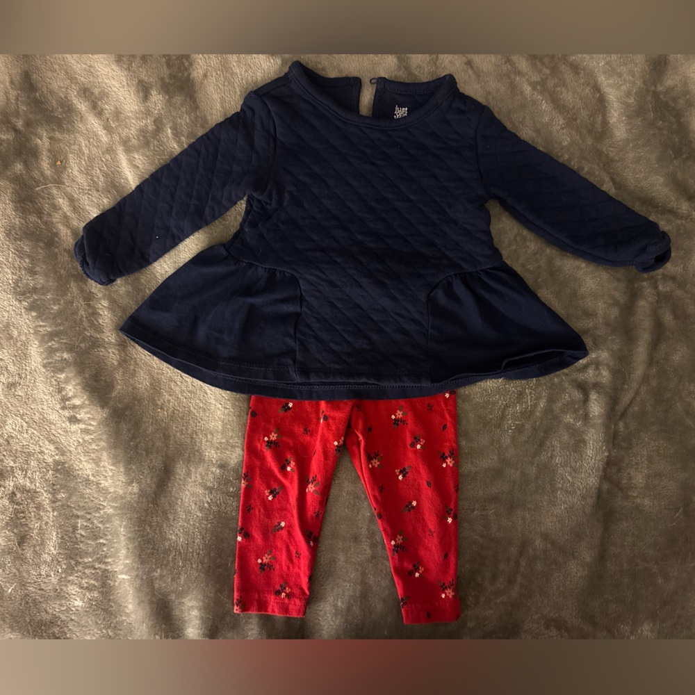 Navy blue dress and red floral pants